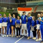 Team India celebrate their qualification to world group playoffs at the Balewadi tennis stadium on Saturday.